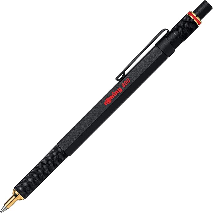 Rotring 800 Retractable Ballpoint Pen, Metal Barrel, Medium Point, Black Ink, Refillable, 1 Count
