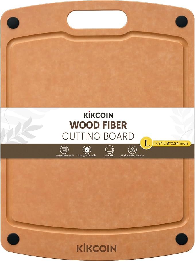 Kikcoin Wood Cutting Board, Cutting Boards for Kitchen Dishwasher Safe Non-slip Chopping Board with Juice Groove, Wood Fiber Composite Cutting Board with Handle, 17.3"*12.8"