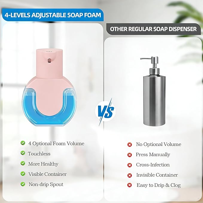 2Pack Automatic Soap Dispenser Touchless, Rechargeable Foaming Soap Dispenser,15oz/420ml Smart Hand Soap Dispensers,4-Level Adjustable,Wall Mount for Bathroom Kitchen Dish Soap(Pink, Foam)