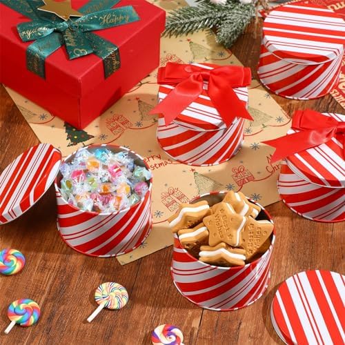 Zonon 12 Sets Christmas Cookie Tins with Lid Red & White Candy Cane Design