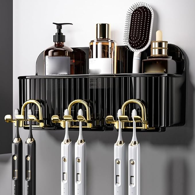 Toothbrush Rack Toothbrush Rack Free Punching Mouthwash Cup Toothbrush Cup Hanging Wall Bathroom Wall-Mounted Shelf Family Set Bathroom Toothbrush Holder(Four Persons)