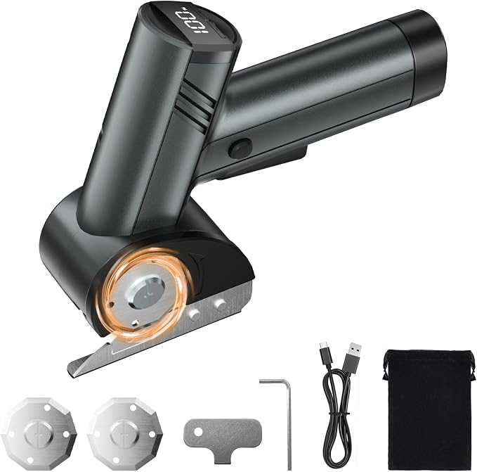 Cordless Electric Scissors, 320RPM High Speed Cardboard Cutter with 3000mAh Long-Lasting Battery, 4-Speed Power Rotary Cutter Tool with LED Display & 2 SKS Blades for Box, Fabric, Leather Craft
