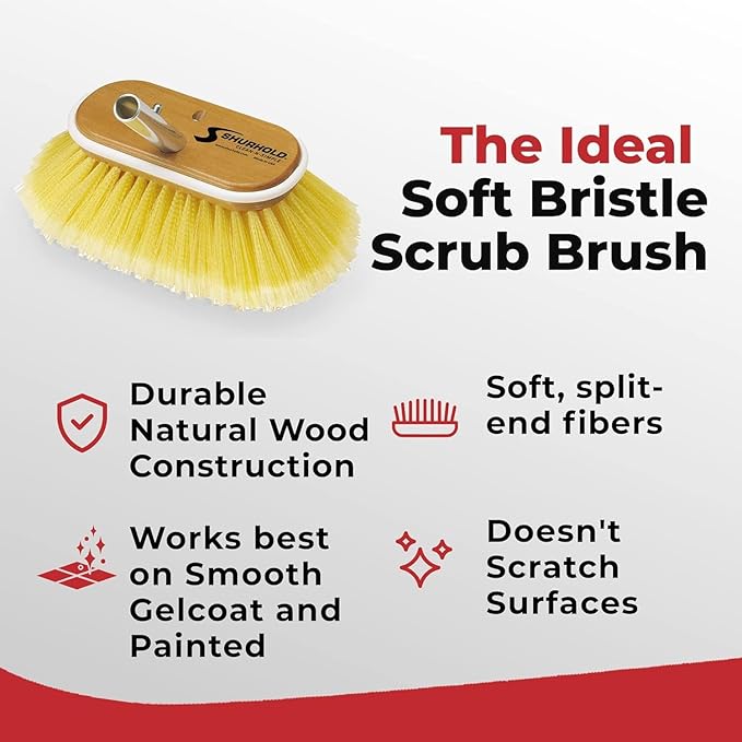 Shurhold Classic 6” Soft Bristle Deck Brush – Compact Boat Brush with Wood Block, Rubber Bumper & Split-End Polystyrene Bristles - Yellow