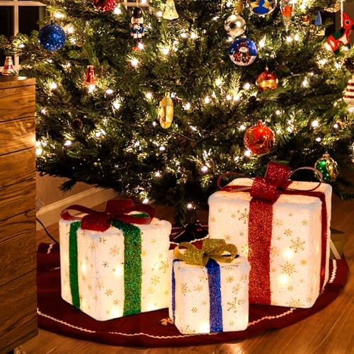 Tangkula Set of 3 Christmas Lighted Gift Boxes, Pre-lit Xmas Box Decoration