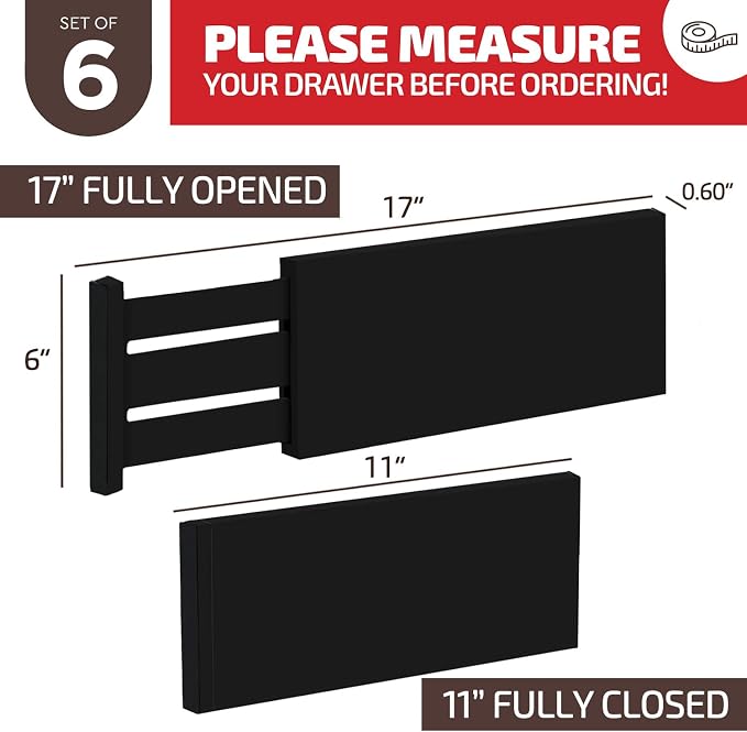 6-Pack Drawer Dividers 6 Inch High, 11”-17" Adjustable Bamboo Organizers Large Expandable Drawer Separators for Cloths, Dresser, Bedroom, Bathroom, Baby Drawer, Office & Kitchen Utensils (Black)