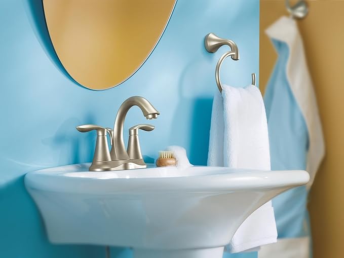 Moen Eva Brushed Nickel Two-Handle 4-Inch Centerset Bathroom Faucet with Drain Assembly, for 3-Hole Sink, 6410BN + Bathroom Single Post Hand-Towel Ring, YB2886BN