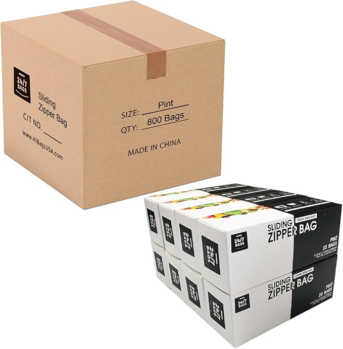 Pint Slider Storage Bags- 800 Count, Expandable Bottom, Zero BPA, Microwave Safe with Write-On Space, 32 Boxes of 25