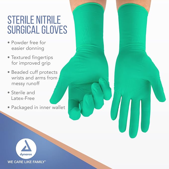 Dynarex Sterile Nitrile Surgical Gloves, Powder Free, Size 9, 50 Pairs of Gloves, White, 9.0