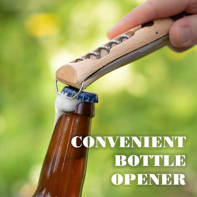 Opinel No. 10 Stainless Steel Corkscrew Wine and Cheese Folding Knife, Integrated Corkscrew + Bottle Opener, Beechwood Handle - Picnic Pocket Knife Made in France (Updated Version)