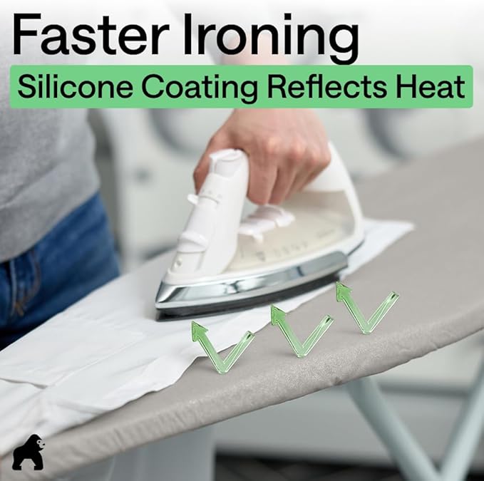 GORILLA GRIP The Original Ironing Board Cover and Pad, Silicone Coating, 400°F Scorch Resistant Thick Padding, Heavy Duty Iron Covers Standard Boards, Hook and Loop Fastener Strap, Silver 13x43