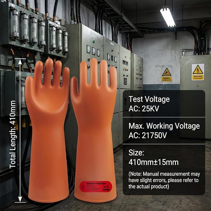 Class 2 Insulated Gloves, ASTM D120, 17000V, 1 Pair, Yellow | High voltage dielectric rubber gloves for linemen & electricians. Electrical safety PPE, arc flash protection.
