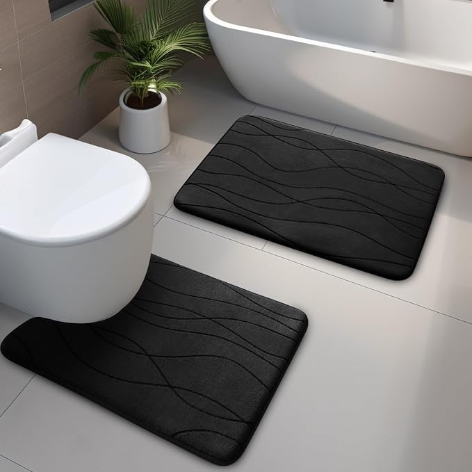 YIHOUSE Bathroom Rugs Set 2 Piece, Memory Foam Bath Mat Black | U Shaped+Small Mat, Ultra Soft, Absorbent, Non-Slip, Machine Washable, for Bathroom, Sink and Toilet