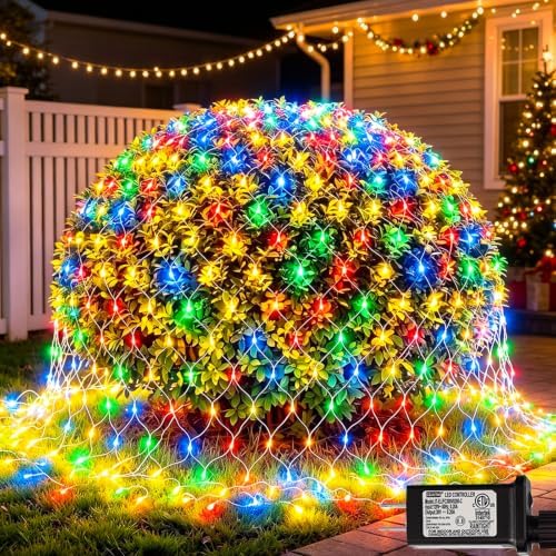 300 LED Net Lights for Bushes, 14.8ft x 5ft 8 Modes Christmas Outdoor Mesh Lights Connectable, Waterproof Decorative String Lights Plug in for Xmas Tree Garden Wedding Party (Clear Wire, Mulitcolor)