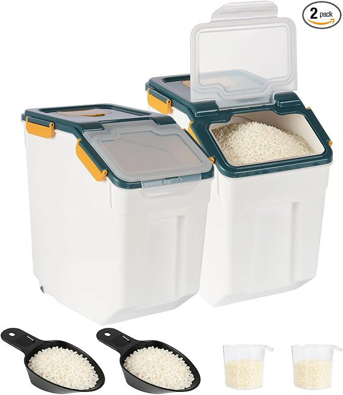 2 Pack Rice Container 25 lbs Large Bulk Flour Sugar Storage Holdhouse Plastic Grain Cereal Dry Goods Bin with Spoon and Measuring Cup for Kitchen Pantry Organization - Blue