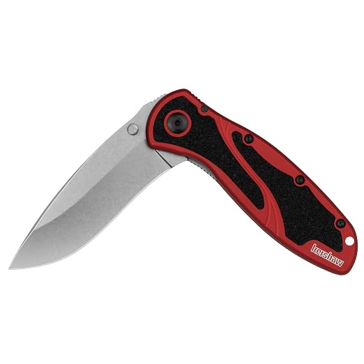 Kershaw Blur Folding Pocket Knife, 3.4 inch Stonewashed 14C28N Steel Blade, Red Anodized Aluminum Handle with Black Trac-Tec Inserts, Reversible Pocketclip; 3.9 OZ