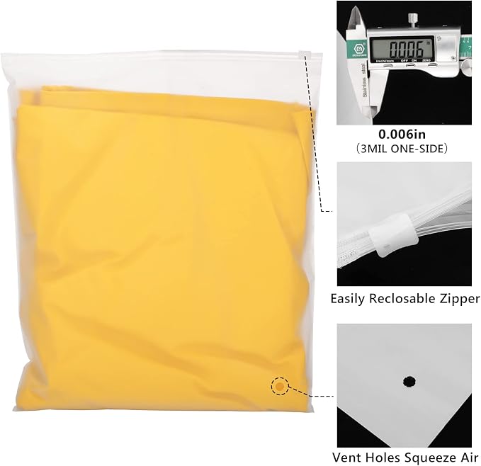 T Shirt Packaging Bags, 50PCS 12x14 inch Frosted Zipper Plastic Bags for Clothes, Pants, Shirt, Sweaters, Clothing Selling, with Resealable Ziplock & Vent Hole, 3 Mil