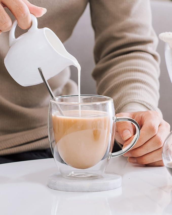 LIBWYS 4 Pack Double Walled Coffee Cups Glasses Mugs 12oz, Espresso Cappuccino Latte Tea Cups with Handle, Heat Resistant Borosilicate Clear Glasses 350ml