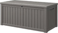151 Gal Deck Box, Outdoor Storage Box Waterproof Lockable, Gas Lift,Grey | Large sturdy grey resin deck box, double wall panels, waterproof backyard storage for package delivery, garden hoses tools