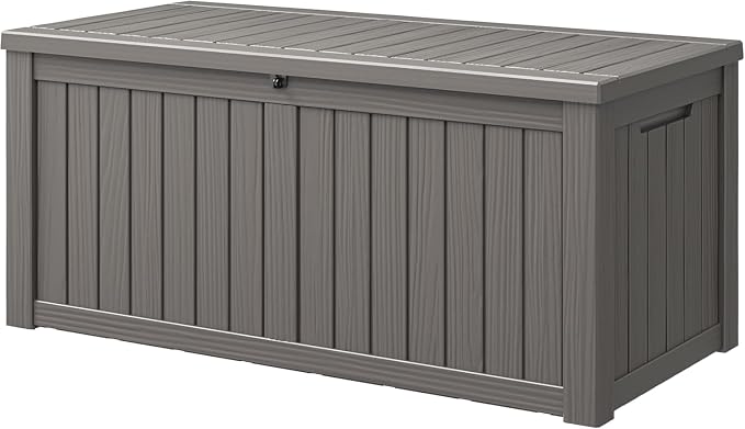 151 Gal Deck Box, Outdoor Storage Box Waterproof Lockable, Gas Lift,Grey | Large sturdy grey resin deck box, double wall panels, waterproof backyard storage for package delivery, garden hoses tools