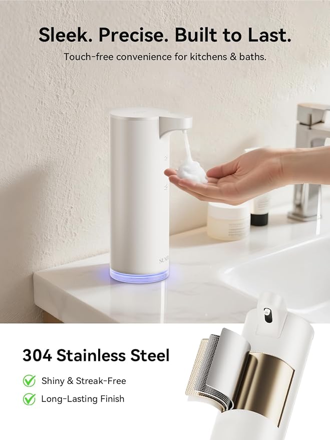 SUNLY Automatic Foam Soap Dispenser, 0.2s Fast Sensor, USB-C Rechargeable, Smudge-Resistant Stainless Steel, Touchless Liquid & Foaming Soap Dispenser for Bathroom, Kitchen, Hotel, White