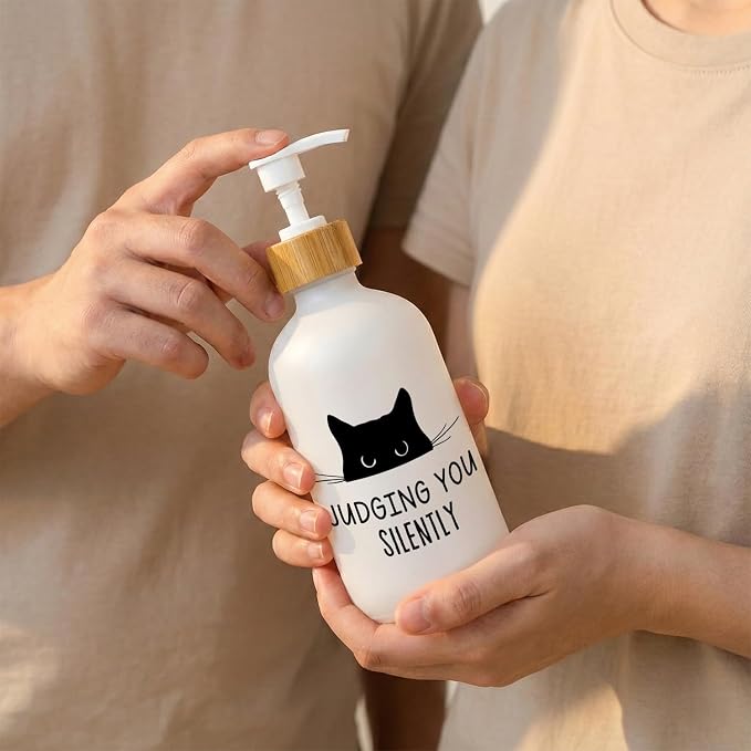 Funny Cat Soap Dispenser, Black Cat Judging You Silently Glass Dish Soap Dispenser with Pump for Kitchen, Cats Lover Gifts Bathroom Countertop Refillable Handsoap Liquid Container