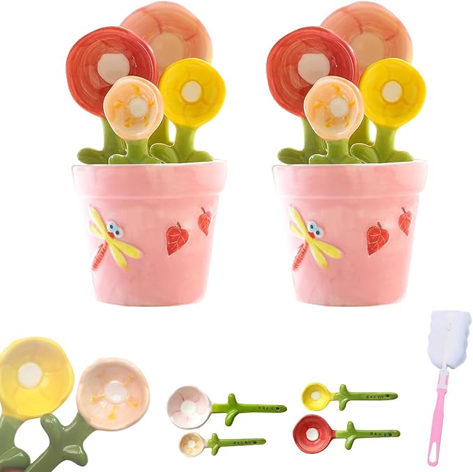 Ceramic Flower Measuring Spoon Set,Decorative FlowerPot Measuring Spoons and Cup Set in Pot, Flower Baking Scale Spoons with Base for Dry and Liquid Ingredient, 1/4 Tsp,1/2 Tsp,1Tsp,1Tbsp (2*Pink)