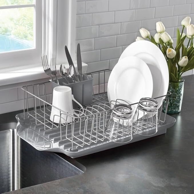Farberware Classic 3-Piece Dish Drying Rack Set, Gray - Rust-Resistant Dish Rack for Kitchen Counter with Self-Draining Board and Flatware Caddy