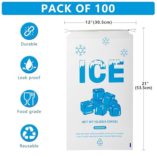 100 PACK 10 lb. Drawstring Ice Bags 12 x 21 Inch Heavy-Duty | Plastic Ice Bags with Cotton Drawstring (2mil Thickness, Design of The Ice Pattern)
