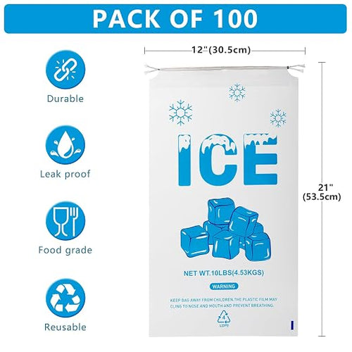 100 PACK 10 lb. Drawstring Ice Bags 12 x 21 Inch Heavy-Duty | Plastic Ice Bags with Cotton Drawstring (2mil Thickness, Design of The Ice Pattern)