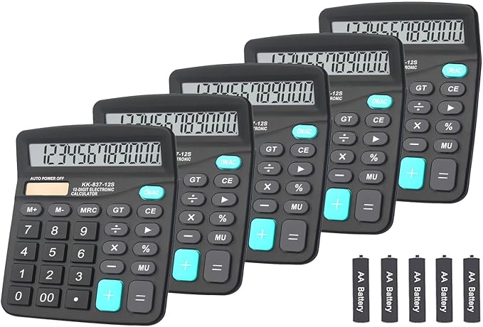 Calculators, BESTWYA Large Button Desk Calculator (Black, Pack of 5) | 12-Digit Dual Power Angled LCD Display Handheld Desktop Feature for Office, School, Home