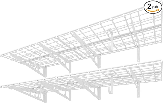 FLEXIMOUNTS 2-Pack 2x6ft Garage Shelving with Hooks 24-inch-by-72-inch Wall Shelf Garage Storage Rack Floating Shelves, White, Classic Series