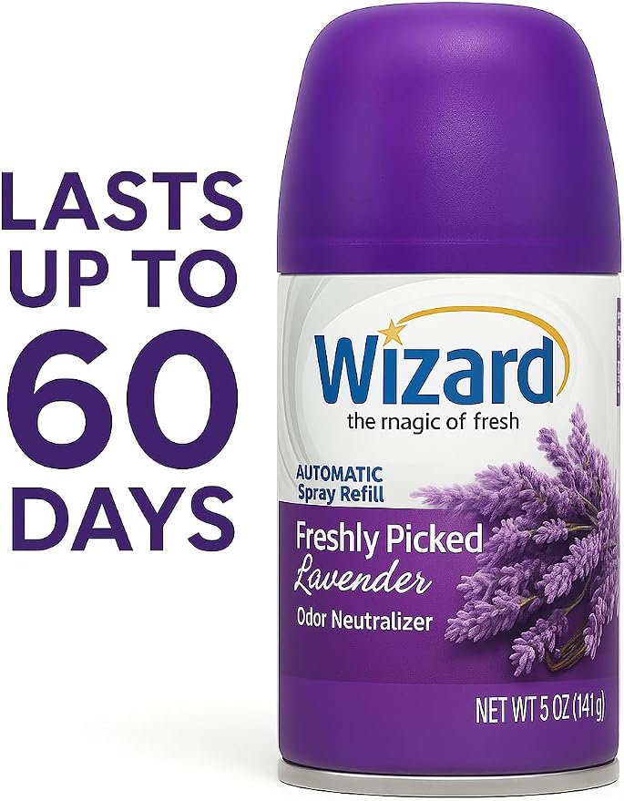 Wizard Automatic Spray Refill – Freshly Picked Lavender, 5 oz (12 Pack) | Compatible with Air Wick Freshmatic & Glade Dispensers | Long Lasting Odor Neutralizer for Home & Office