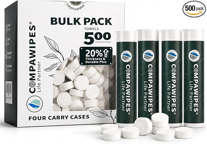 500 PCS Compressed Towel Tablets - Travel Disposable Towels, Compressed Hiking Toilet Paper, Wilderness Wipes, Compact Toilet Paper, Disposable Compressed Face Towel for Camping, Backpacking & Beauty
