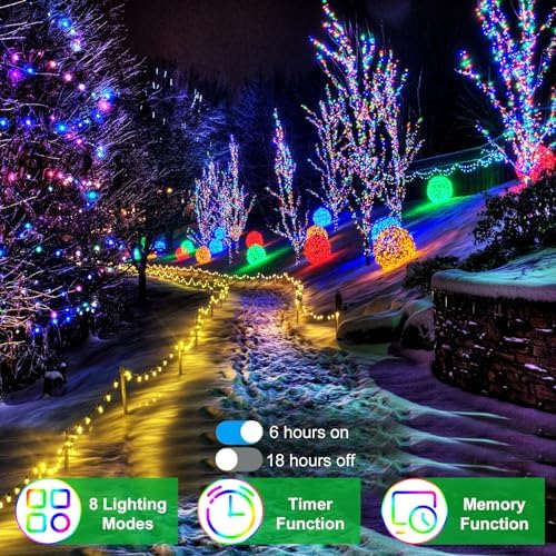 492FT Outdoor Christmas Lights, 1300 LED Super Long String Lights 8 Lighting Modes & Timer Memory, Outsite Waterproof Light Strings for Xmas Tree Garden Wedding Party Holiday Decorations Multicolor
