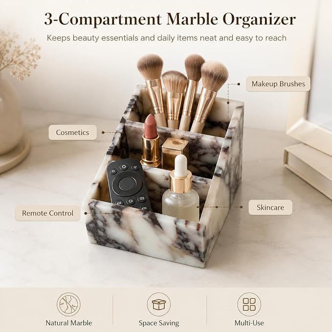 Luxury 3-Compartment Natural Marble Desk Organizer - Solid Stone Pen Holder, Makeup Brush Holder & Vanity Countertop Storage Box for Office Supplies, Bathroom Essentials, Home Decor