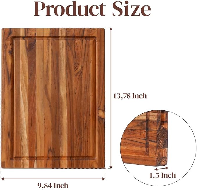 Premium Teak Wood Cutting Board 14×10 Inch, Extra Thick 1.5 Inch Edge Grain Butcher Block for Meat & Daily Prep, Large Wooden Cutting Board with Juice Groove & Handle Grips by New M Way