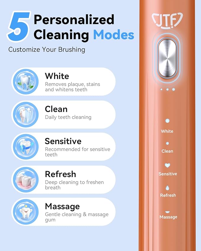 JTF Sonic Electric Toothbrush with UV Sanitizing & Drying: 5 Modes for Effective Yet Gentle Cleaning – with 6 Brush Heads, Rinse Cup, Wireless Charging Base, Rechargeable for Daily Care, Home & Travel