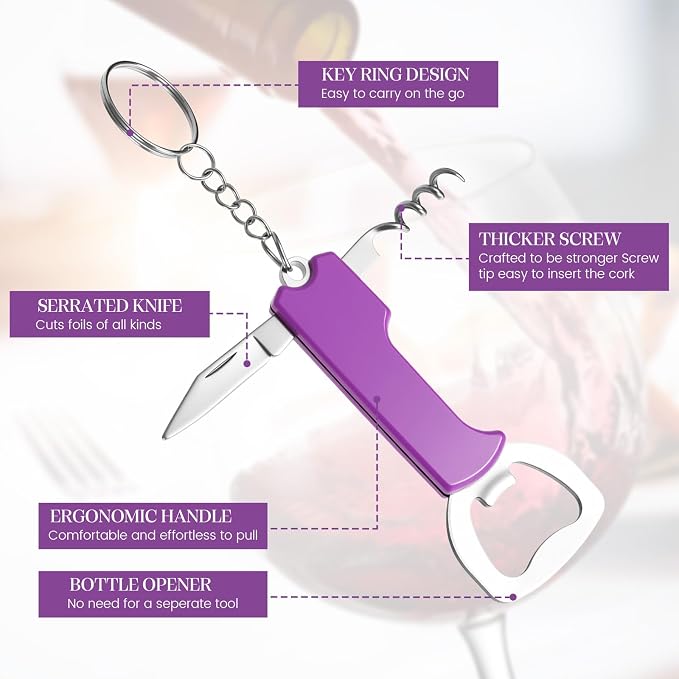 Ziliny 24 Pcs Bottle Opener Keychain Bulk Wine Bottle Beer Opener Keychain 3.27" Stainless Steel Corkscrew Waiter Corkscrew Wine Keyring Gifts for Christmas Bar Party Wedding Home (Purple)