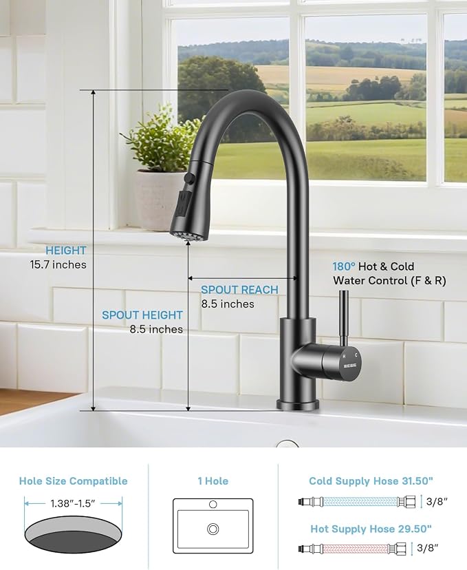 WEWE Kitchen Faucet with Pull Down Sprayer and Soap Dispenser, Matte Gray High Arc Single Handle Stainless Steel Sink Faucet, Suitable for Farmhouse, RV & Laundry
