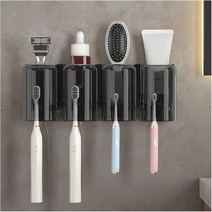 Toothbrush Rack Couple Toothbrush Holder Wall Mount Toothbrush Holder Bathroom Storage Rack with Mouthwash Cup, Toothpaste Squeezer Kit Bathroom Toothbrush Holder(A,Medium)