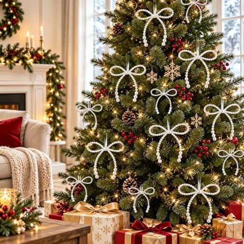DIYDEC 24PCS Pearl Christmas Bow Ornament 7&4.5In Tree Topper Decor