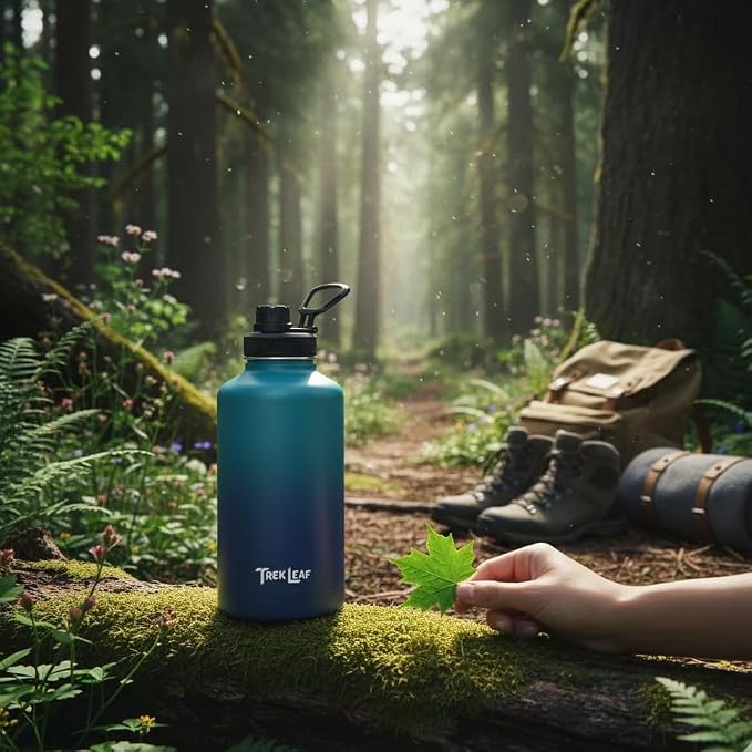 Travel Water Bottle with Carrying Bag, 3 Lids (Spout, Straw, Handle), and Bottle Brush; Leak Proof, Quality, Vacuum Insulated, Stainless Steel (Deep Water, 64 oz)