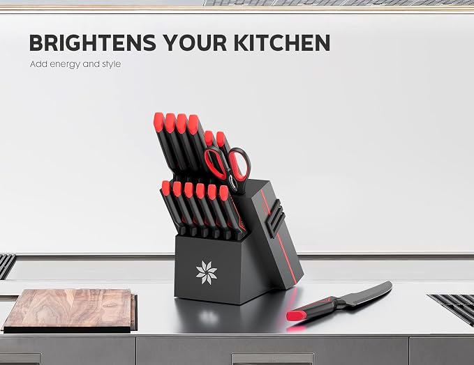 ASETY Knife Set with Block, 15 PCS Kitchen knife Set, Dishwasher Safe, Red | Razor Sharp Knives, Wood Knife Block with Built-In Sharpener, Stainless Steel, Ergonomic Handle, Elegant Box for Men Women