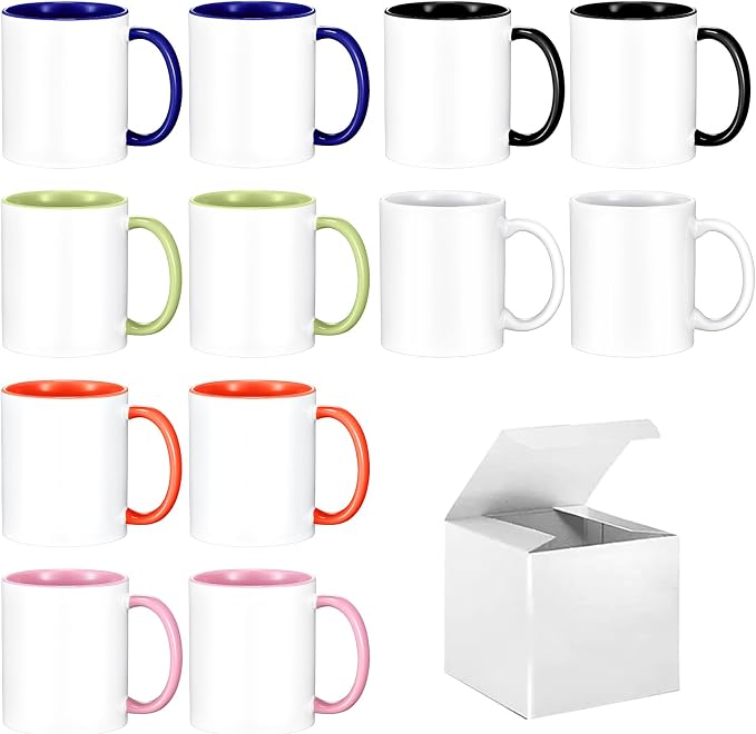 TANGLONG Sublimation Mugs 11 oz Set of 12 Sublimation Blank with Box Bulk Coffee Mugs Coffee Cups Tazas Para Sublimar 6 Assorted Colors