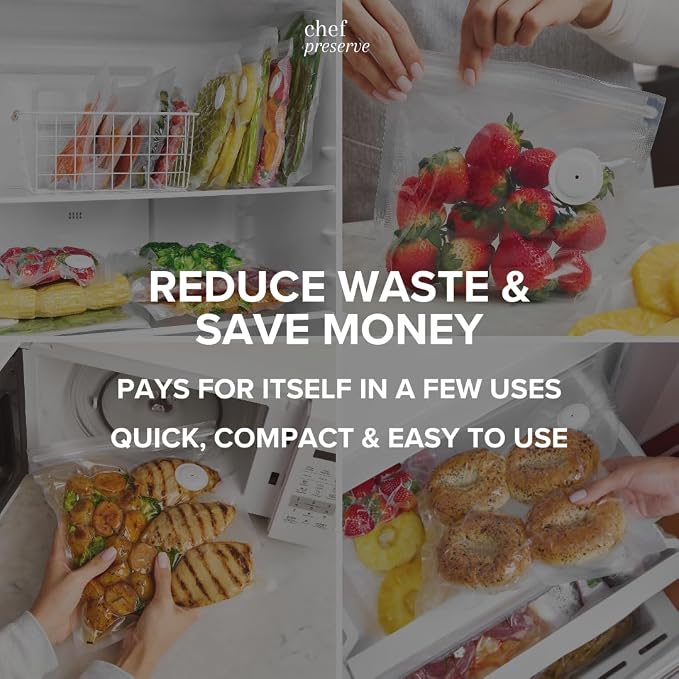 Chef Preserve Reusable Vacuum Sealer Bags for Food - 30 BPA-Free Medium (10 x 11 in) Food Storage Bags, Freezer, Microwave - Odor-Resistant, Leak-Proof - Compatible with Chef Preserve Vacuum Sealers