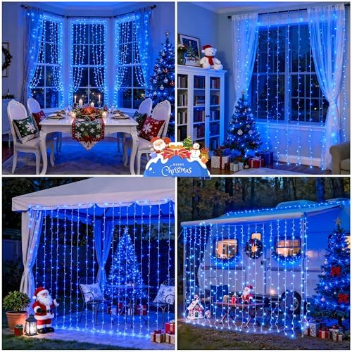 JMEXSUSS 300LED Blue Curtain Lights, 9.8x9.8ft String Lights Indoor Outdoor
