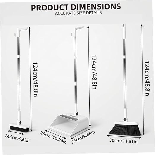 Broom and Dust Pan, Broom and Dustpan Set with Push Brooms, Self-Cleaning Comb & Space-Saving Design for Indoor Outdoor Cleaning (White)