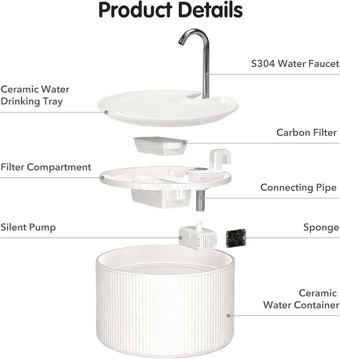 Ceramic Cat Water Fountain: 2.2L/78oz Ceramic Cat Fountain, Automatic Ceramic Water Fountain for Cats, Pet Water Fountain with Ultra-Quiet Pump and Filters & Sponges (White)