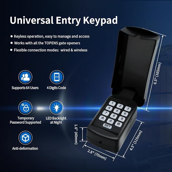 TOPENS TC188 Universal Wireless Wired Keypad Keyless Entry Keypad Waterproof Digital Code Panel Security Control for Automatic Swing Sliding Gate Opener, Remote Operator Accessory