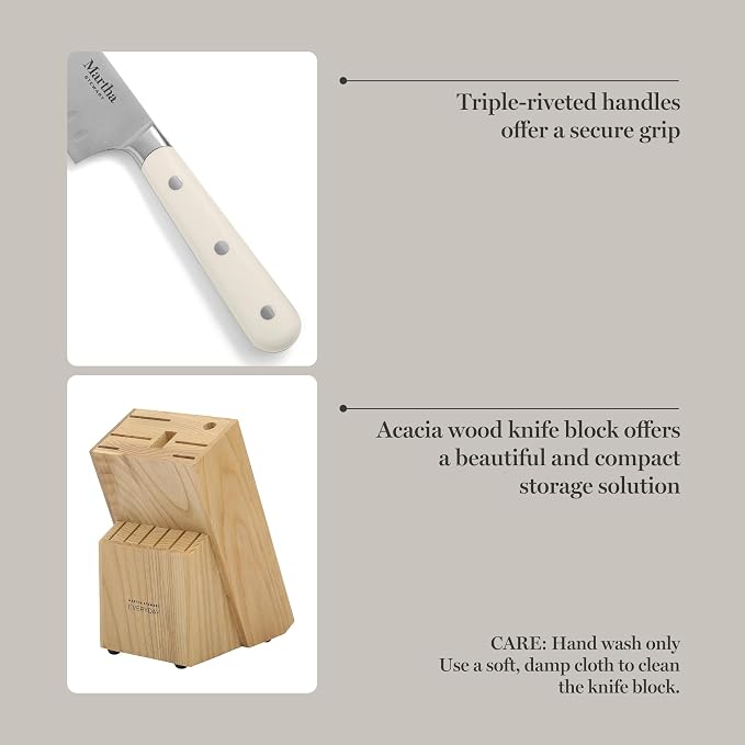 MARTHA STEWART Eastwalk 14 Piece High Carbon Stainless Steel Cutlery Kitchen Knife Block Set w/ABS Triple Riveted Forged Handle Acacia Wood Block - Linen White